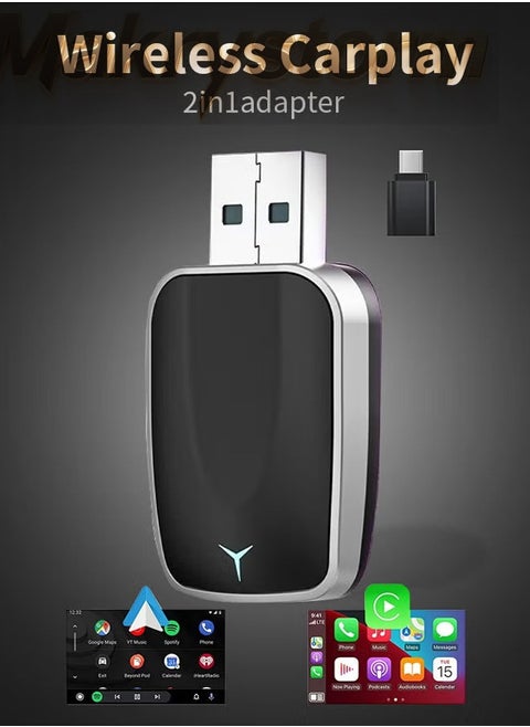 2025 New mini Wireless Carplay Adapter, Convert Wired to Wireless Car Play & Android Auto 2-in-1 Adapter for Apple iPhone & Android Phone, Plug & Play, Auto Connect, No Delay, w/USB C for iOS 10+ Android 11+