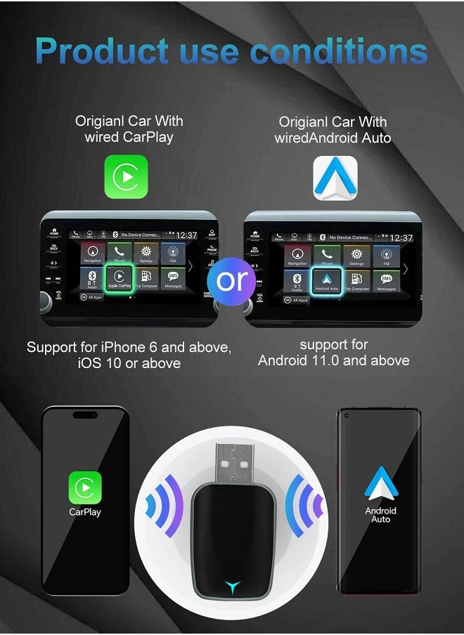 2025 New mini Wireless Carplay Adapter, Convert Wired to Wireless Car Play & Android Auto 2-in-1 Adapter for Apple iPhone & Android Phone, Plug & Play, Auto Connect, No Delay, w/USB C for iOS 10+ Android 11+