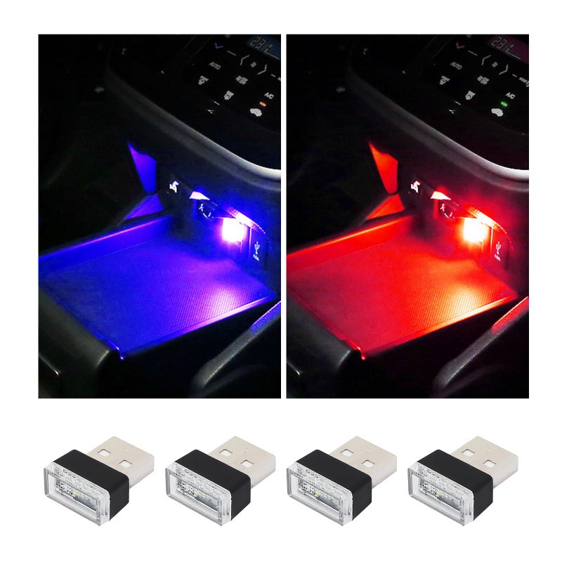 أوجيني 4 قطع مصباح LED داخلي للسيارة مع واجهة USB، إضاءة ليلية مزخرفة، مجموعة إضاءة محيطة محمولة، ملحقات داخلية عالمية لمعظم السيارات، أحمر أزرق