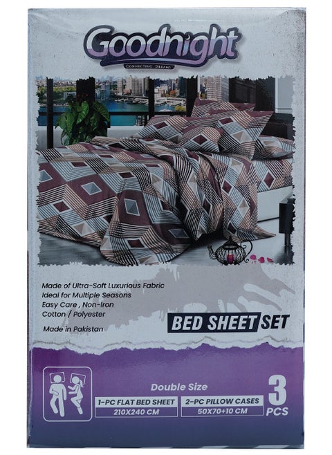 3 Piece Luxury Bed Sheet Set with 1 Flat Sheet and 2 Pillowcases Crafted from Ultra Soft and Breathable Cotton and Polyester blend, Size 210 x 240 Cm, Assorted Color