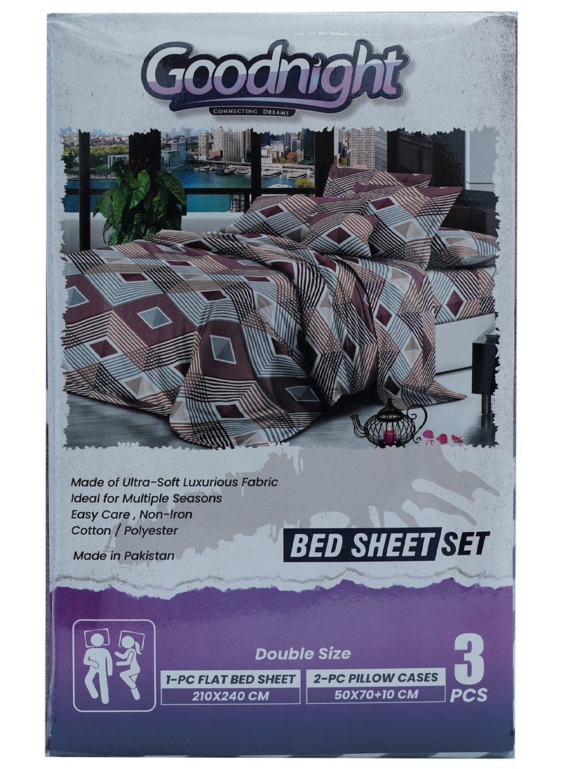 GOODNIGHT 3 Piece Luxury Bed Sheet Set with 1 Flat Sheet and 2 Pillowcases Crafted from Ultra Soft and Breathable Cotton and Polyester blend, Size 210 x 240 Cm, Assorted Color 