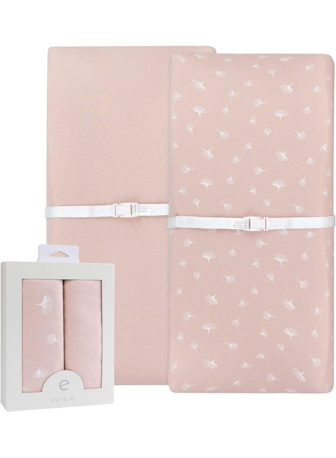 Ely's & Co. Ely's & Co. Changing Pad Covers│Cradle Sheets 2-Pack — Combed, 100% Jersey Cotton for Baby Girl — Rosewater Pink, Pin Dots Gingko Leaves  - Image 1