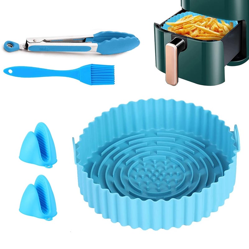 Liboctee Prhavks 5Pcs Air Fryer Accessories Set 8 Inch Silicone Liners with Food Clip Mini Oven Mitts Oil Brush for Baking Cooking Reusable Round Silicone Airfryer Pot Fit for 3 QT Air Fryers or AboveBlue