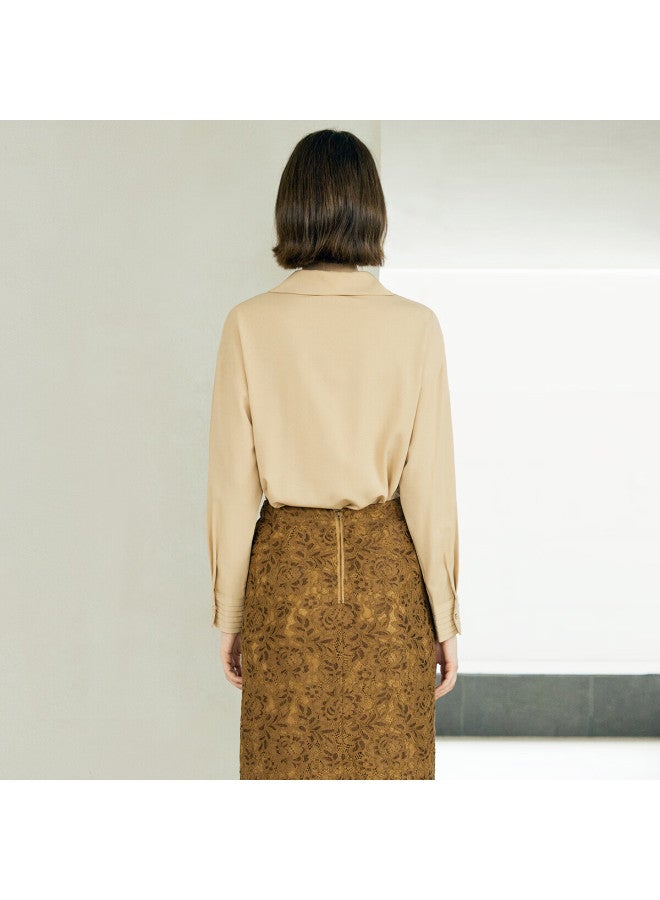 Yanyee Minimalist Versatile French Style Shirt For Women Autumn Loose Fit Long Sleeve Collared Shirt Camel S/36 - Image 2