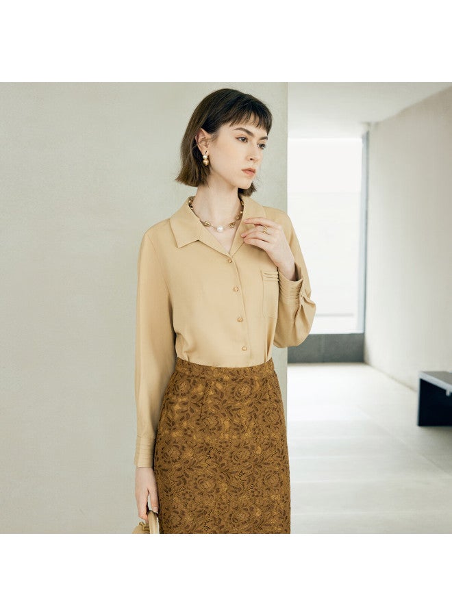 Yanyee Minimalist Versatile French Style Shirt For Women Autumn Loose Fit Long Sleeve Collared Shirt Camel S/36 - Image 1