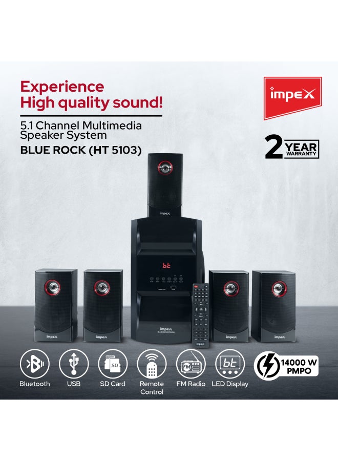 Impex Multimedia Speaker 5.1 | 14000W (PMPO) | Subwoofer 50W & Satellite Speakers 18W x5 | Multi-Channel Digital Amplifier | MP3 & WMA Music Support | FM Radio | 8" Subwoofer | Acoustimass Technology HT5103 Black - Image 2