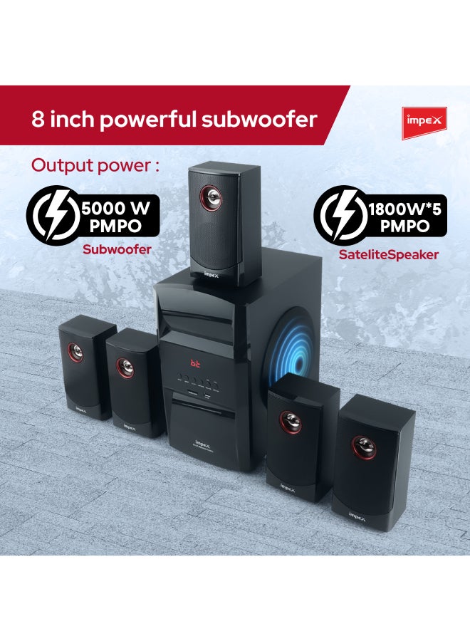 Impex Multimedia Speaker 5.1 | 14000W (PMPO) | Subwoofer 50W & Satellite Speakers 18W x5 | Multi-Channel Digital Amplifier | MP3 & WMA Music Support | FM Radio | 8" Subwoofer | Acoustimass Technology HT5103 Black - Image 3