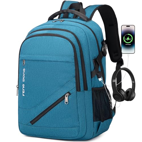FENGDONG 17.3 inch Large Laptop Backpack Durable Waterproof Travel College Backpack Bookbag for Men & Women Business Backpack with USB Charging Port and Headset Port Light Teal - Image 1