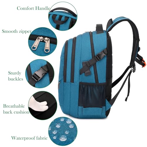 FENGDONG 17.3 inch Large Laptop Backpack Durable Waterproof Travel College Backpack Bookbag for Men & Women Business Backpack with USB Charging Port and Headset Port Light Teal - Image 4