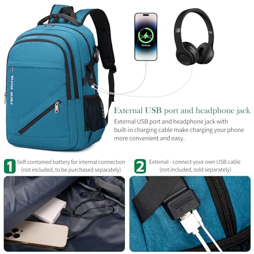 FENGDONG 17.3 inch Large Laptop Backpack Durable Waterproof Travel College Backpack Bookbag for Men & Women Business Backpack with USB Charging Port and Headset Port Light Teal - Image 5