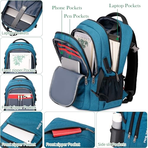FENGDONG 17.3 inch Large Laptop Backpack Durable Waterproof Travel College Backpack Bookbag for Men & Women Business Backpack with USB Charging Port and Headset Port Light Teal - Image 3