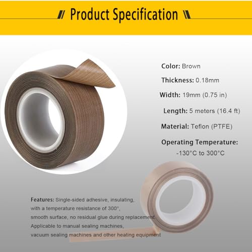 YongXuan PTFE Coated Fabric Tape Teflon Adhesive Tape High Temperature Vacuum, Hand and Impulse Sealers Machine Sealing Tape 0.18mm Thick (19mm-5M) - Image 4