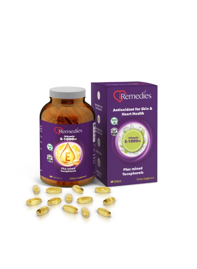 iRemedies iVitamin E 1000 IU – High-Potency Antioxidant Supplement for Skin, Heart, and Immune Health – 60 Softgels - Image 1
