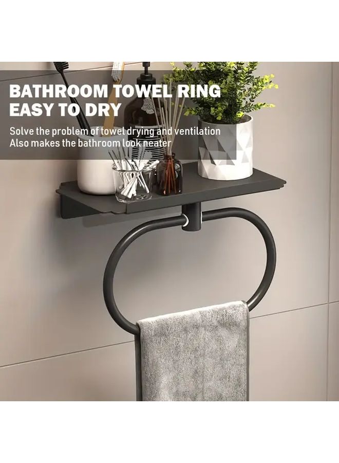 Black Self Adhesive Metal Towel Ring With Shelf No Drilling Required - Image 2