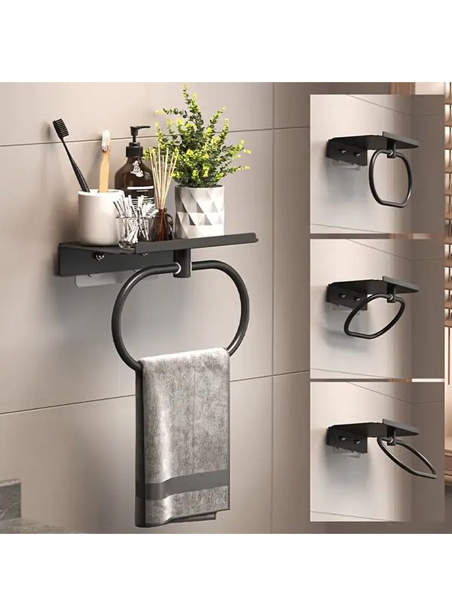 Black Self Adhesive Metal Towel Ring With Shelf No Drilling Required - Image 1