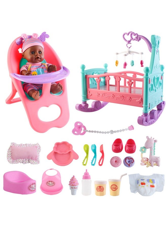 deAO Black Baby Doll Set - Mobile, High Chair, Stroller & Feeding Accessories - 21 Piece Play Set (Doll Included) - Image 1