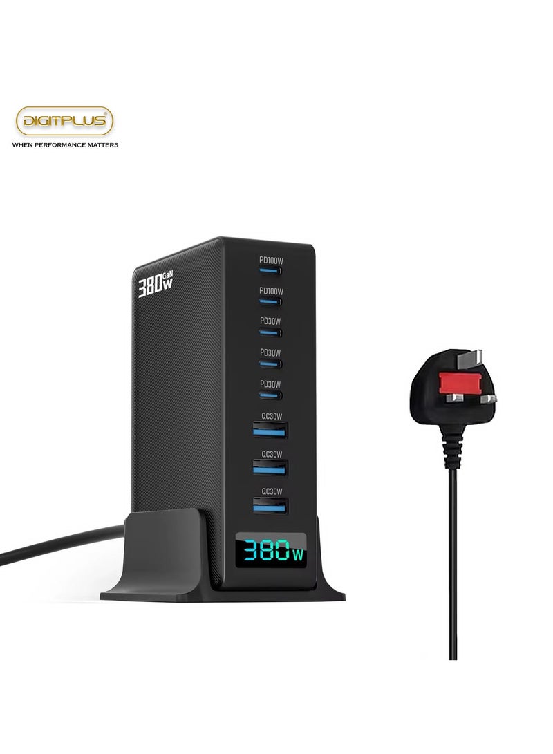 Digitplus 380W Fast Charger, 8-Port USB Charging Station with PD 100W & QC3.0, Laptop & Multi-Device Power Hub with LED Display - Image 1