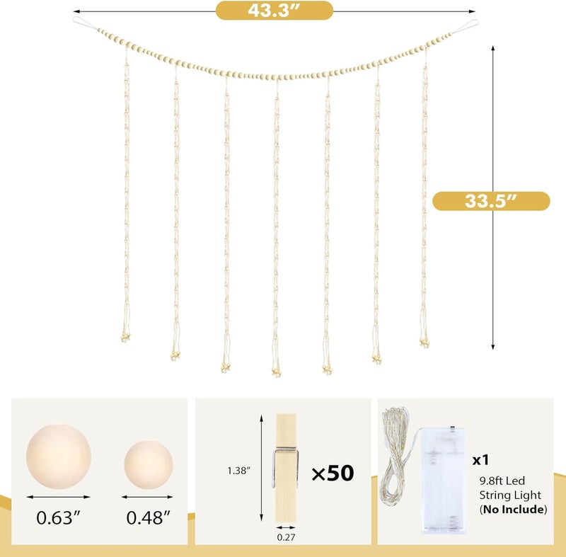 KLOGTSIND Macrame Hanging Photo Display Boho Wall Decor, Picture Christmas Card Holder with String Lights, Photo Hanger with 50 Clips for Room, Dorm, Nursery, Home Decor, Teenage Teen Girl Gifts - Image 3