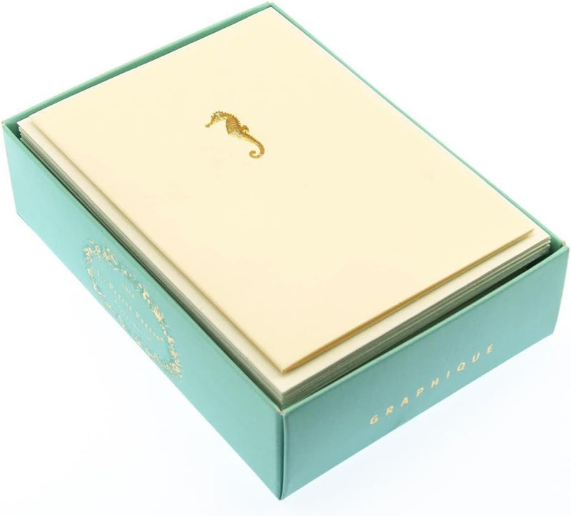 Graphique Seahorse La Petite Presse Boxed Notecards - 10 Embossed and Embellished Gold Foil Seahorse Blank Cards with Matching Envelopes, 3.25"" x 4.75""" (L1329CB) - Image 3