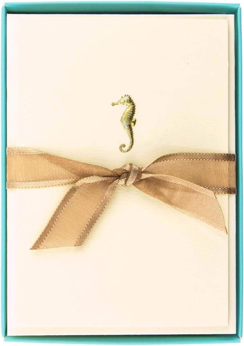 Graphique Seahorse La Petite Presse Boxed Notecards - 10 Embossed and Embellished Gold Foil Seahorse Blank Cards with Matching Envelopes, 3.25"" x 4.75""" (L1329CB) - Image 1