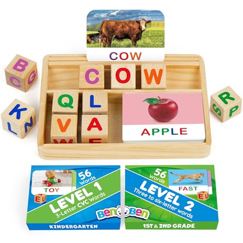 BenBen Spelling Games with Flash Cards 112 Words Montessori Toys for 3 4 5 6 Years Old Kids Wooden Matching Letters Games CVC Word Educational Learning Toys Gift for Preschool Kindergarten - Image 1