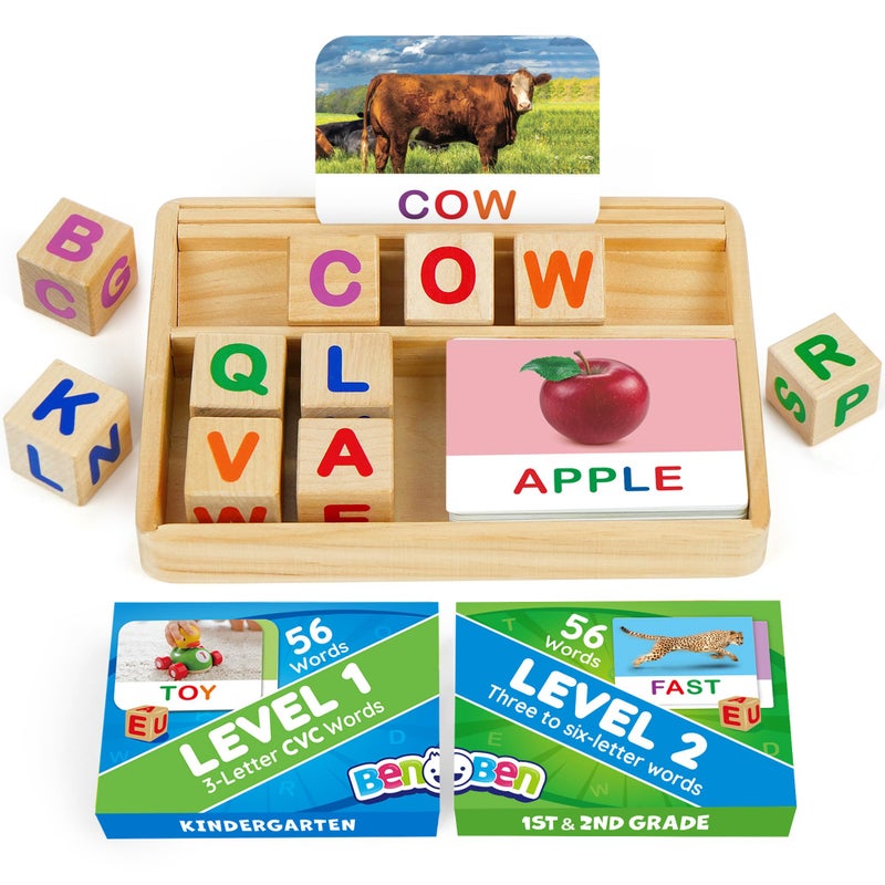 BenBen Spelling Games with Flash Cards 112 Words Montessori Toys for 3 4 5 6 Years Old Kids Wooden Matching Letters Games CVC Word Educational Learning Toys Gift for Preschool Kindergarten - Image 3
