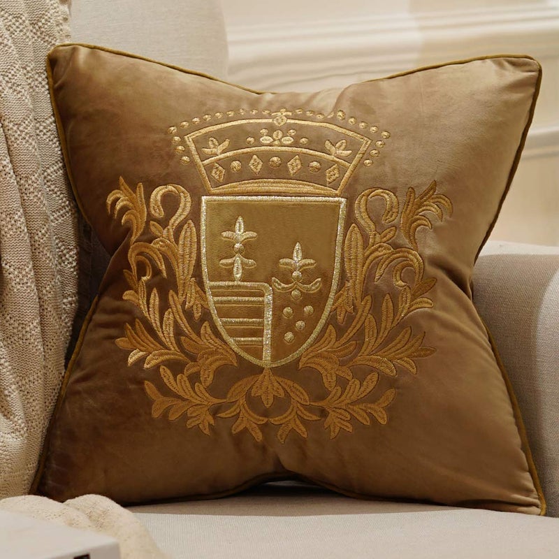 Avigers 18 x 18 Inch Embroidery Velvet Cushion Cover Shield Luxury European Pillow Case Pillowcase Home Decorative for Sofa Chair Bedroom Throw Pillow Brown