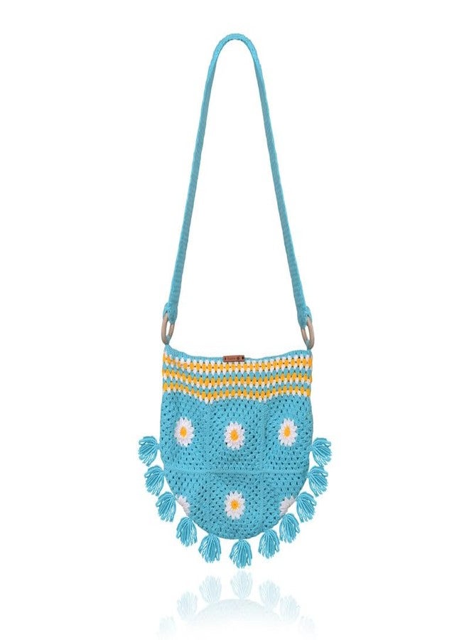 Sutra Handmade Wool Crochet Blue Tassel Bag | Boho Shoulder Purse | Eco-Friendly Reusable Tote Bag | Summer Beach Handbag for Women Girls - Image 1