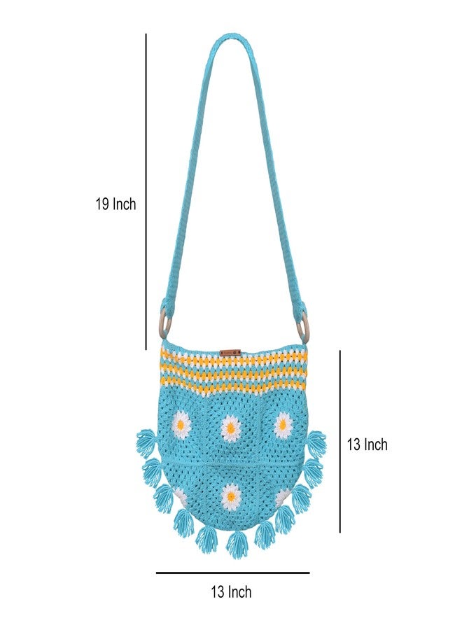 Sutra Handmade Wool Crochet Blue Tassel Bag | Boho Shoulder Purse | Eco-Friendly Reusable Tote Bag | Summer Beach Handbag for Women Girls - Image 2