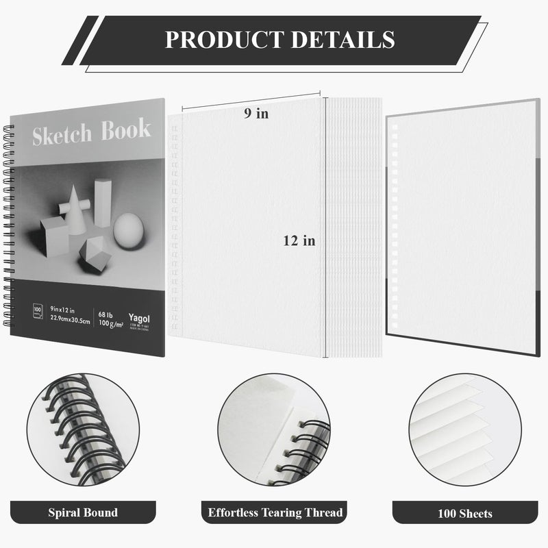Yagol Sketch Book 9x12 Inch 100 Sheets 68LB/100GSM, Sketch Pad with Spiral-Bound Art Paper for Drawing and Painting for Pencils, Charcoal, Dry Media - Image 2