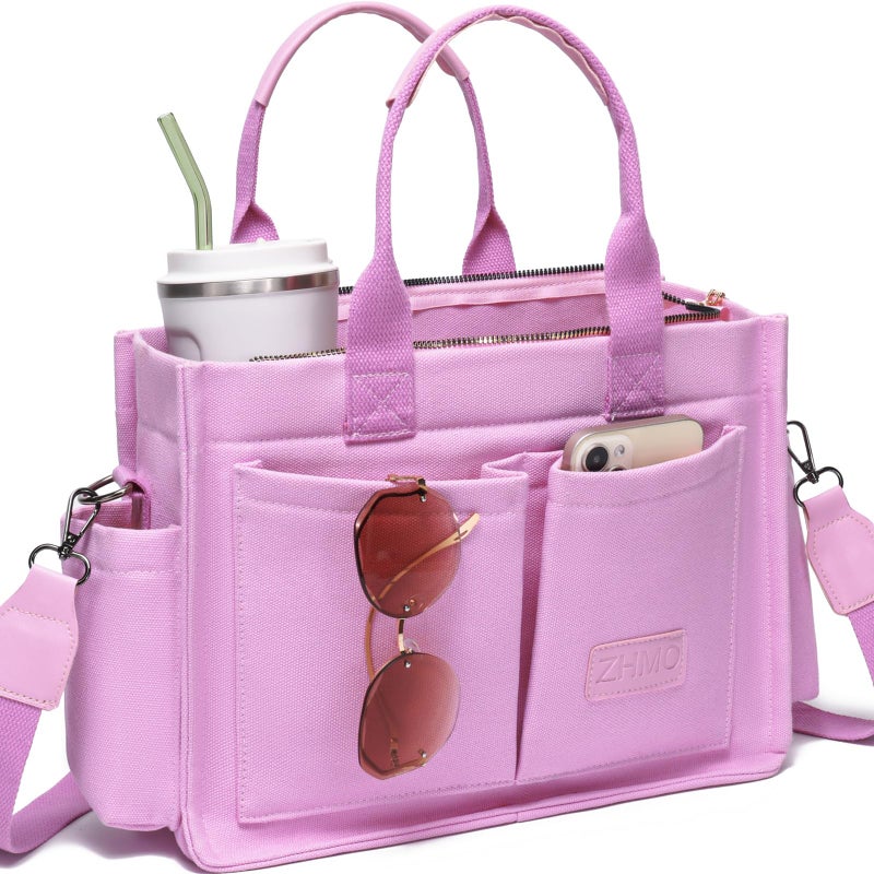 ZHMO Canvas Tote Bag for Women With Compartments and Zipper,Pink Women's Bags Crossbody Bags Work Laptop Tote Bag Large Satchels Handbags Tote Purse Everyday Shoulder Bag for Travel Nurse Teacher Gift - Image 1