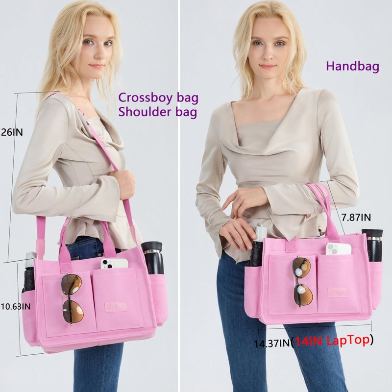 ZHMO Canvas Tote Bag for Women With Compartments and Zipper,Pink Women's Bags Crossbody Bags Work Laptop Tote Bag Large Satchels Handbags Tote Purse Everyday Shoulder Bag for Travel Nurse Teacher Gift - Image 2