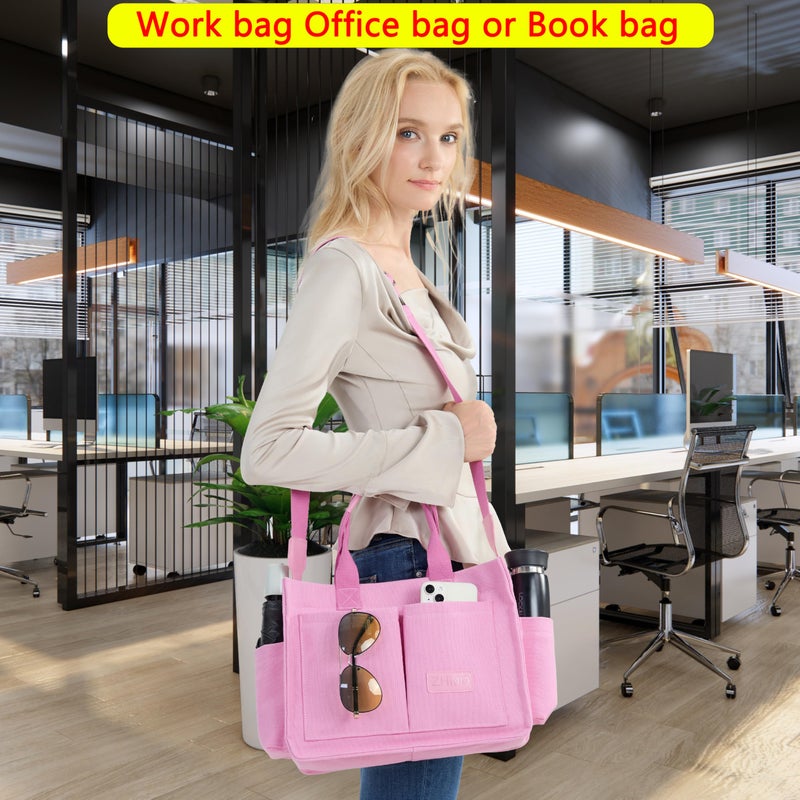 ZHMO Canvas Tote Bag for Women With Compartments and Zipper,Pink Women's Bags Crossbody Bags Work Laptop Tote Bag Large Satchels Handbags Tote Purse Everyday Shoulder Bag for Travel Nurse Teacher Gift - Image 3