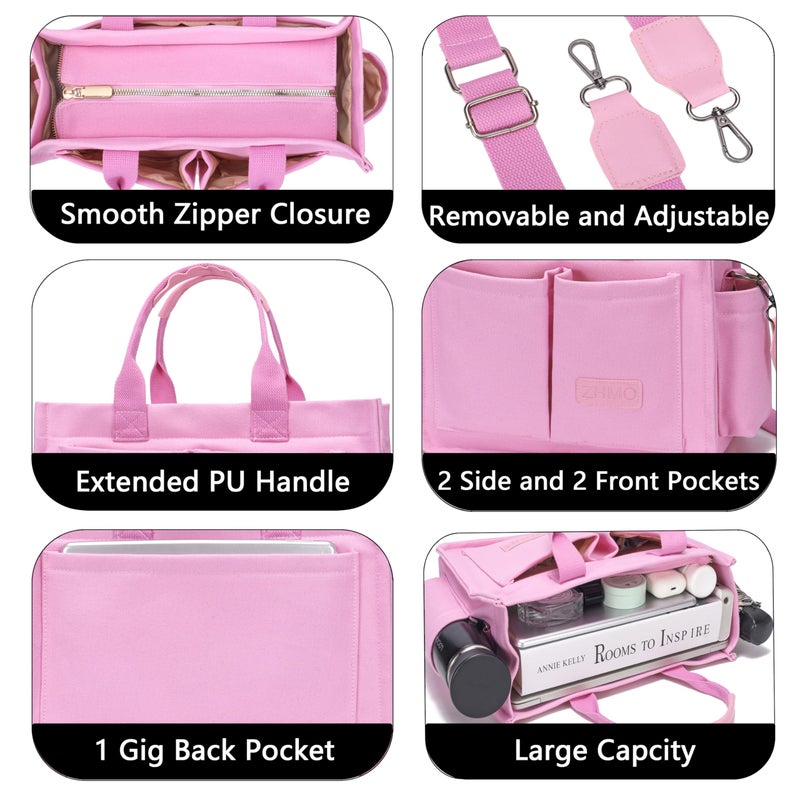 ZHMO Canvas Tote Bag for Women With Compartments and Zipper,Pink Women's Bags Crossbody Bags Work Laptop Tote Bag Large Satchels Handbags Tote Purse Everyday Shoulder Bag for Travel Nurse Teacher Gift - Image 5