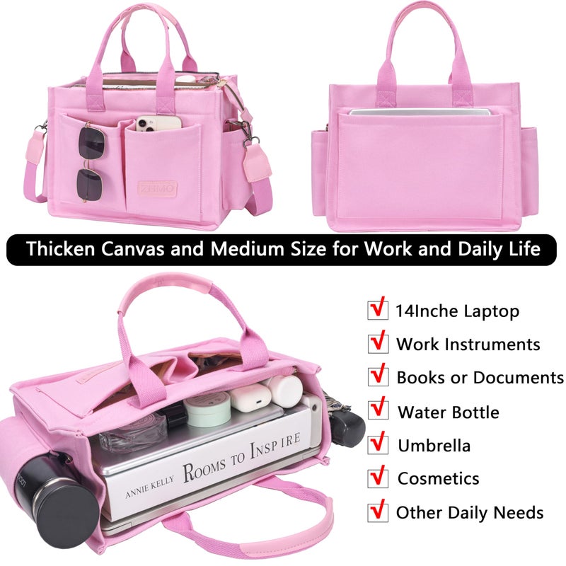 ZHMO Canvas Tote Bag for Women With Compartments and Zipper,Pink Women's Bags Crossbody Bags Work Laptop Tote Bag Large Satchels Handbags Tote Purse Everyday Shoulder Bag for Travel Nurse Teacher Gift - Image 4