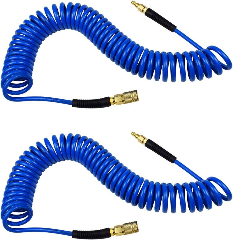 YOTOO Polyurethane Recoil Air Hose 1/4" Inner Diameter by 25' Long with Bend Restrictor, 1/4" Industrial Quick Coupler and Plug, Blue - 2-Pack - Image 1