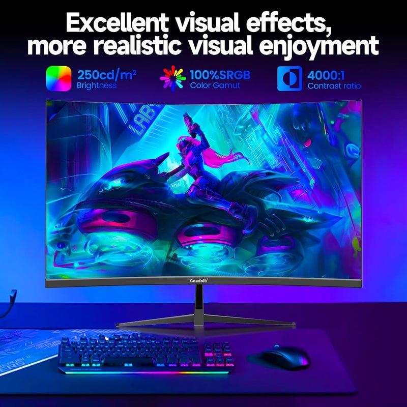 Gawfolk 32" inch Gaming Monitor 180Hz FHD Curved Computer Display Screen 1080P(1920x1080) 1800R Fast 1ms(GTG) FreeSync 100% sRGB VESA for esports games and home office - Image 4