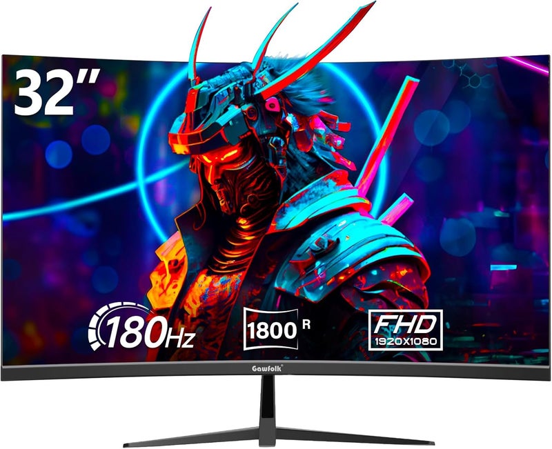 Gawfolk 32" inch Gaming Monitor 180Hz FHD Curved Computer Display Screen 1080P(1920x1080) 1800R Fast 1ms(GTG) FreeSync 100% sRGB VESA for esports games and home office - Image 1