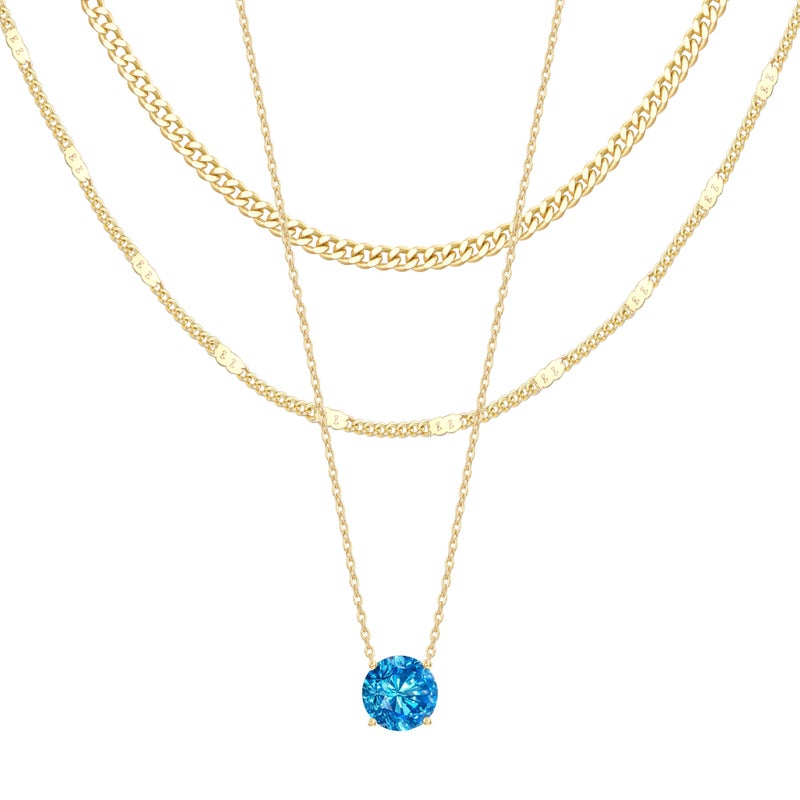 WomenGifts March Created Aquamarine (Light Blue) Layered Necklace Set, 14K Gold Plated Birthstone Pendant with Choker Cuban Link & Satellite Chain, Personalized Jewelry Gift - Image 1