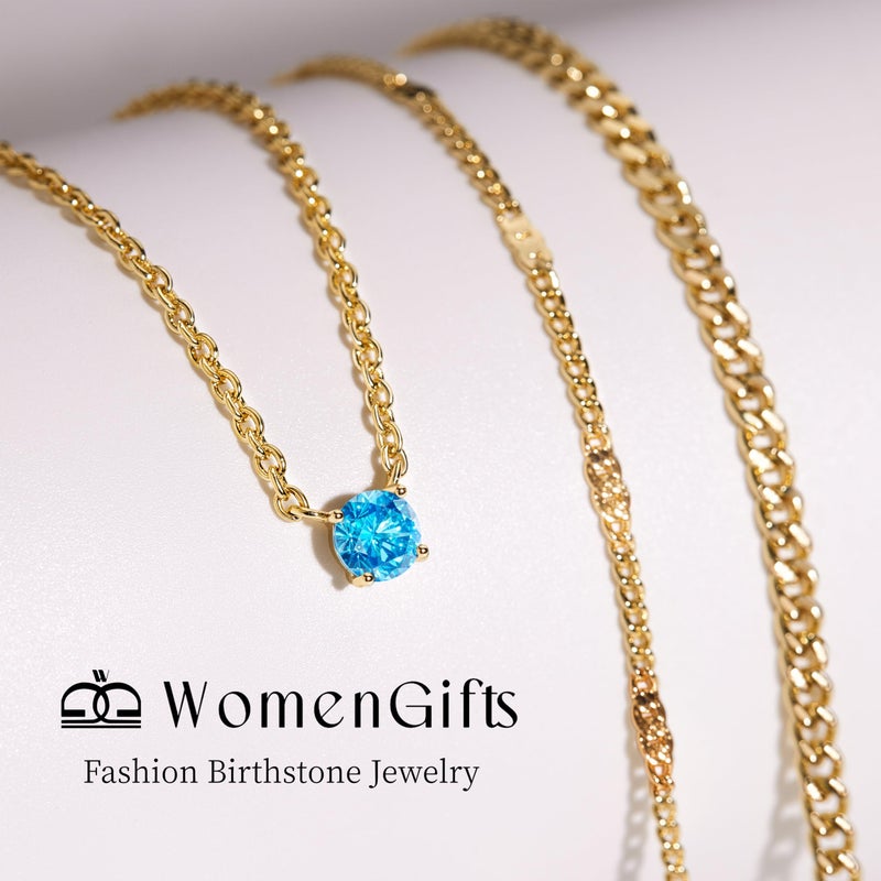 WomenGifts March Created Aquamarine (Light Blue) Layered Necklace Set, 14K Gold Plated Birthstone Pendant with Choker Cuban Link & Satellite Chain, Personalized Jewelry Gift - Image 3
