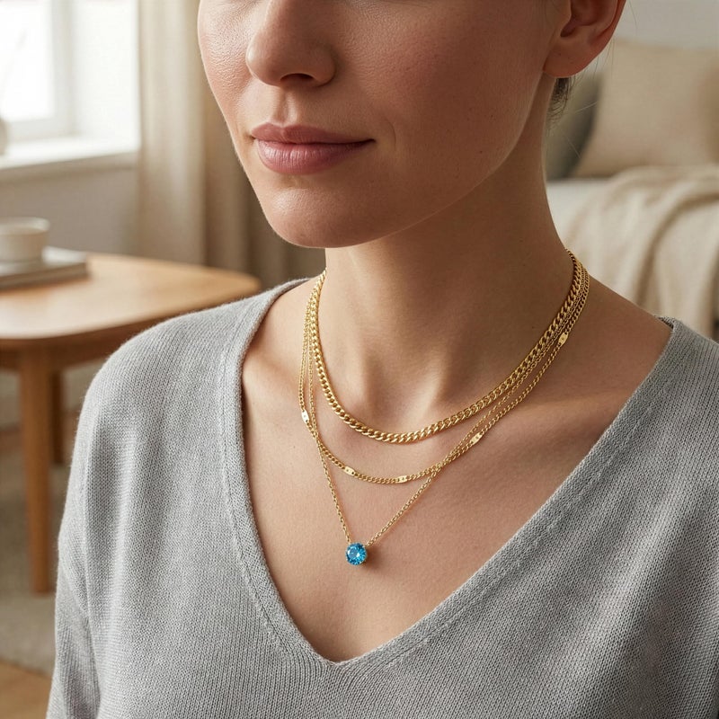 WomenGifts March Created Aquamarine (Light Blue) Layered Necklace Set, 14K Gold Plated Birthstone Pendant with Choker Cuban Link & Satellite Chain, Personalized Jewelry Gift - Image 2