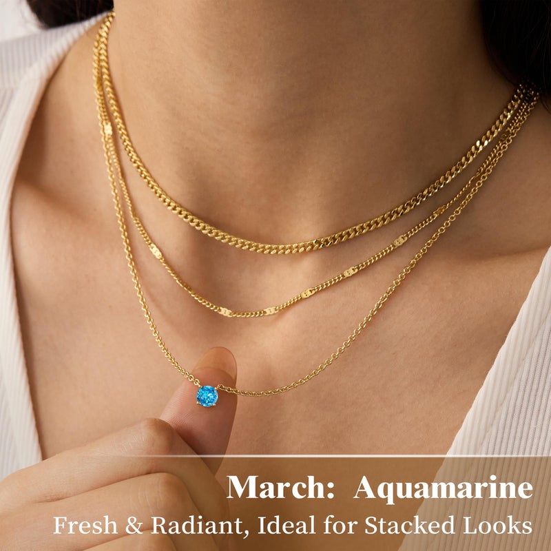 WomenGifts March Created Aquamarine (Light Blue) Layered Necklace Set, 14K Gold Plated Birthstone Pendant with Choker Cuban Link & Satellite Chain, Personalized Jewelry Gift - Image 4