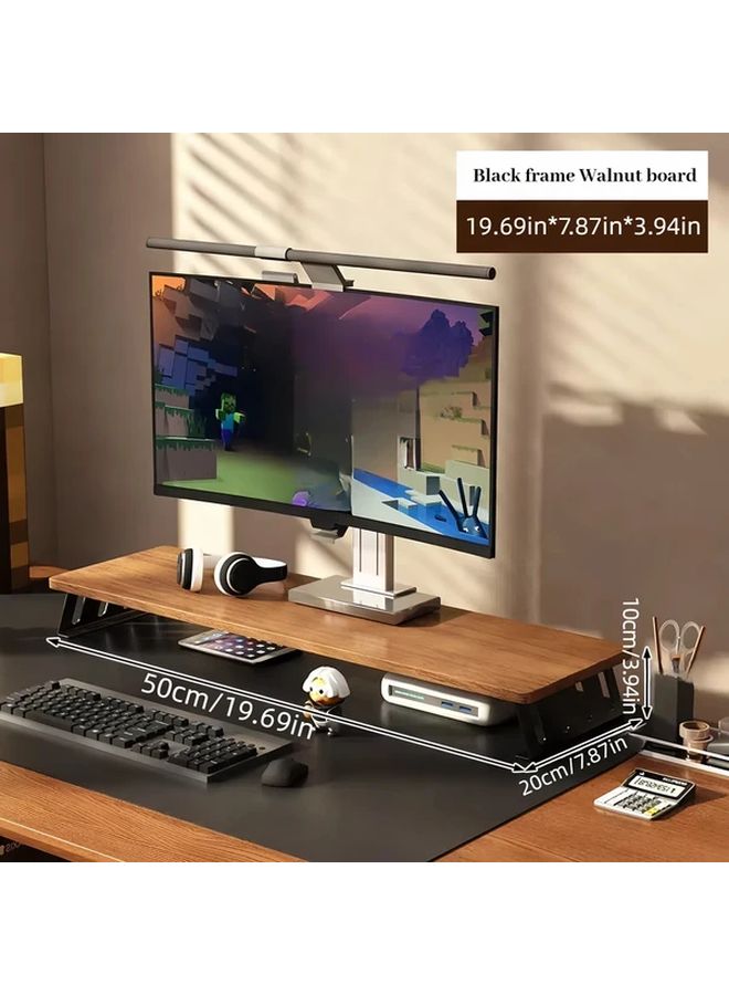 Ergonomic Wood Monitor Stand Riser Black Frame Walnut Board 50cm Wide L Shaped Desk Shelf - Image 1