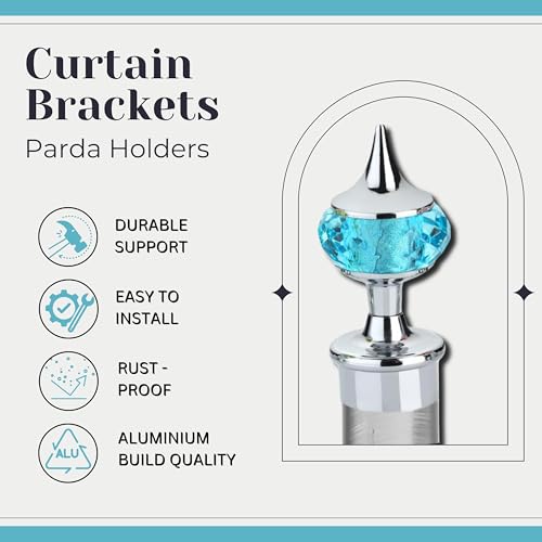 GLOXY Single Diamond Aluminum Curtain Brackets Parda Holders with Support Fittings Designer 1 Inch Rod Pocket Finials for Door & Window(Silver Mix Sky Blue,Pair of 4) - Image 2