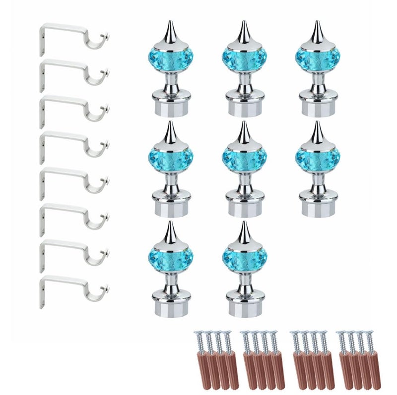 GLOXY Single Diamond Aluminum Curtain Brackets Parda Holders with Support Fittings Designer 1 Inch Rod Pocket Finials for Door & Window(Silver Mix Sky Blue,Pair of 4) - Image 1