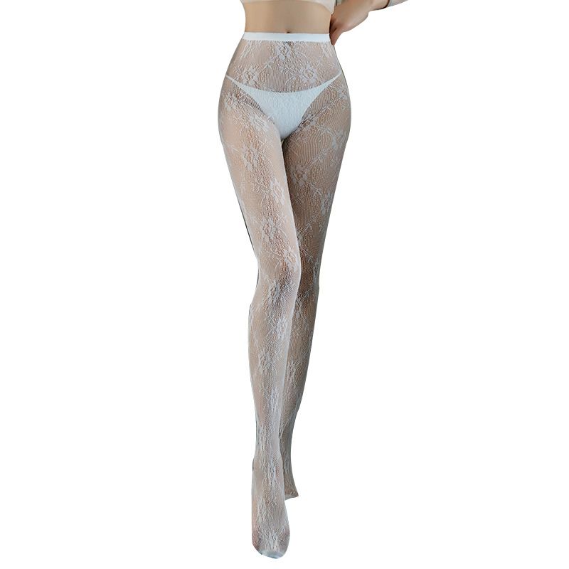 Women's White Lace Tights with Geometric Pattern - Image 3
