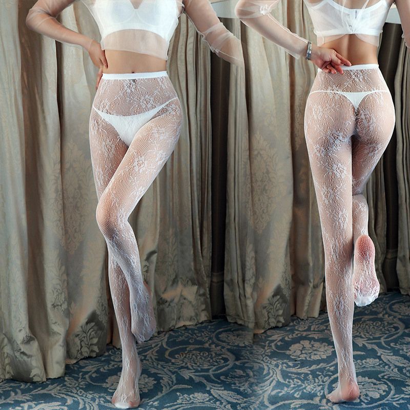 Women's White Lace Tights with Geometric Pattern - Image 1