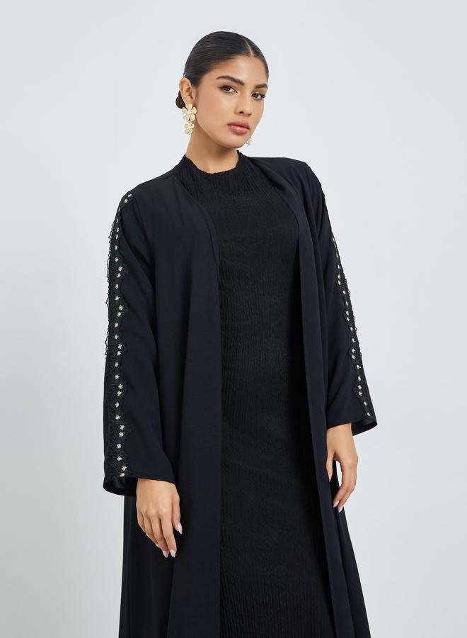Amirah Black Front Open Abaya with Lace Detail - Image 2