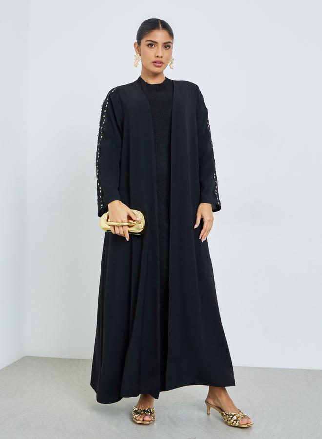 Amirah Black Front Open Abaya with Lace Detail - Image 1