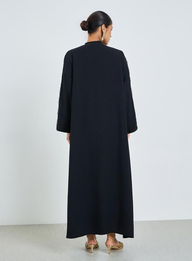Amirah Black Front Open Abaya with Lace Detail - Image 4
